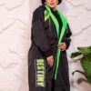 Black Longline Hooded Winter Parka Coat with Neon Green Piping and Typography