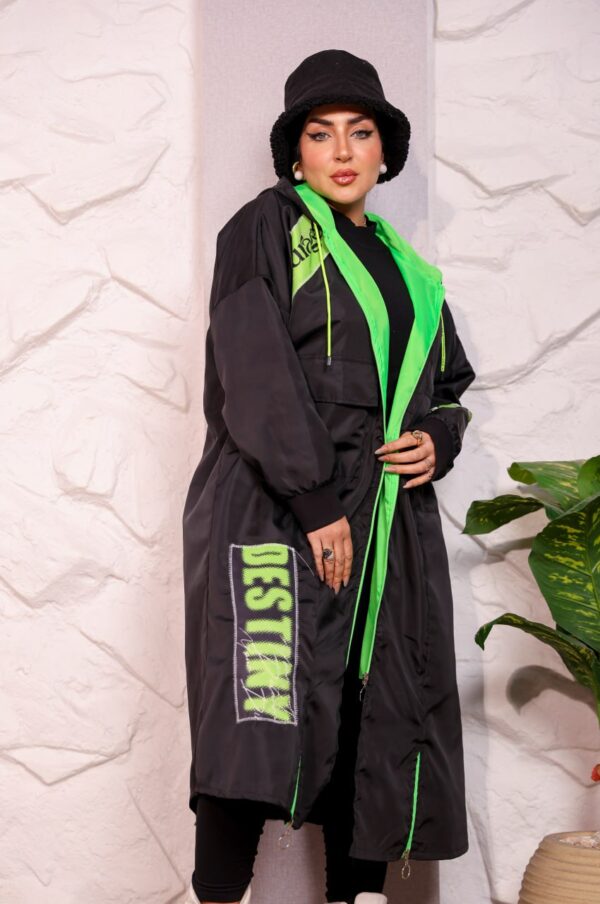 Black Longline Hooded Winter Parka Coat with Neon Green Piping and Typography
