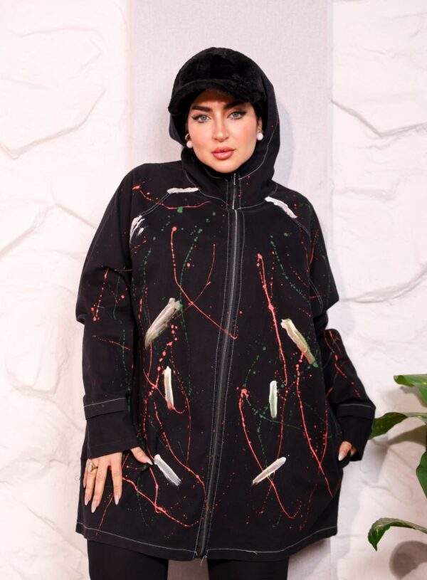 WhatsApp Image 2026-10-08 at 7.36.12 PM (2) Black Longline Hooded Paint Splatter Jacket with Contrast Stitching