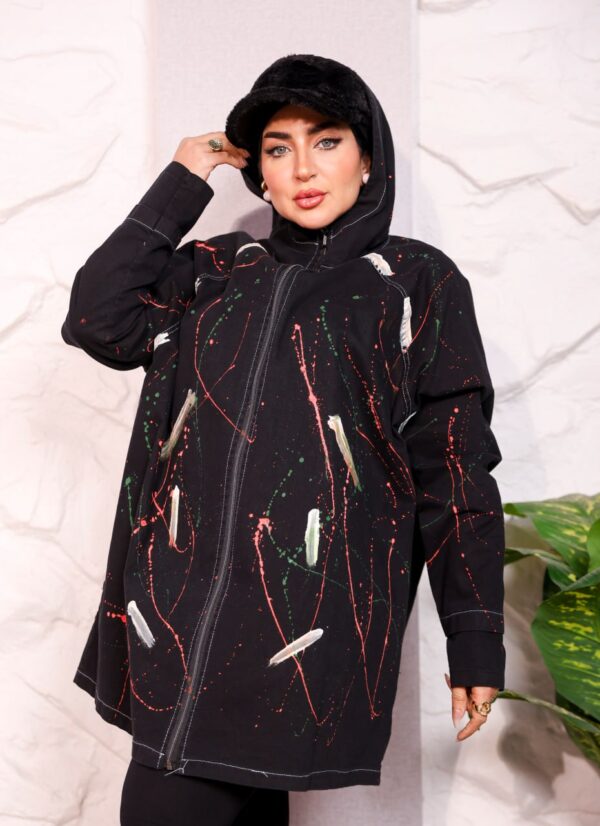 WhatsApp Image 2026-10-08 at 7.36.14 PM Black Longline Hooded Paint Splatter Jacket with Contrast Stitching