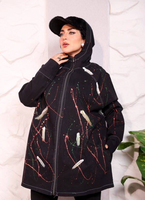 WhatsApp Image 2026-10-08 at 7.36.15 PM (1) Black Longline Hooded Paint Splatter Jacket with Contrast Stitching