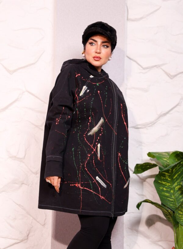 WhatsApp Image 2026-10-08 at 7.36.15 PM (3) Black Longline Hooded Paint Splatter Jacket with Contrast Stitching
