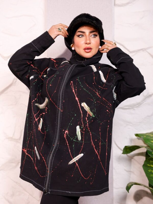 Black Longline Hooded Paint Splatter Jacket with Contrast Stitching