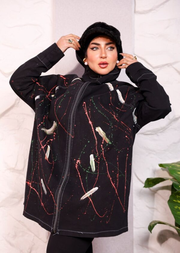 WhatsApp Image 2026-10-08 at 7.36.15 PM (4) Black Longline Hooded Paint Splatter Jacket with Contrast Stitching
