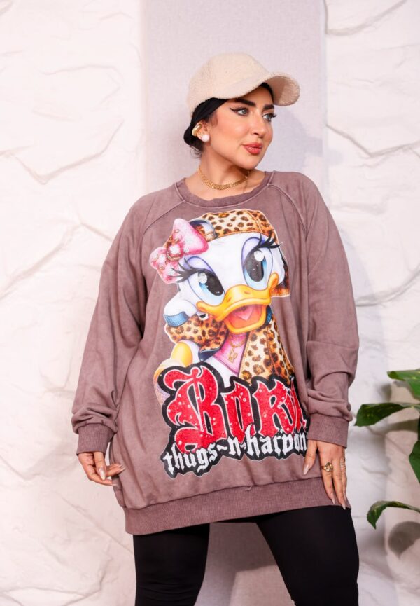 WhatsApp Image 2026-10-08 at 7.36.15 PM (7) Muted Mocha Oversized Graphic Print Winter Sweatshirt Tunic with Character Accent