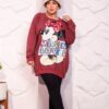 Burgundy Oversized Graphic Print Winter Sweatshirt Tunic with Cartoon Character Accent