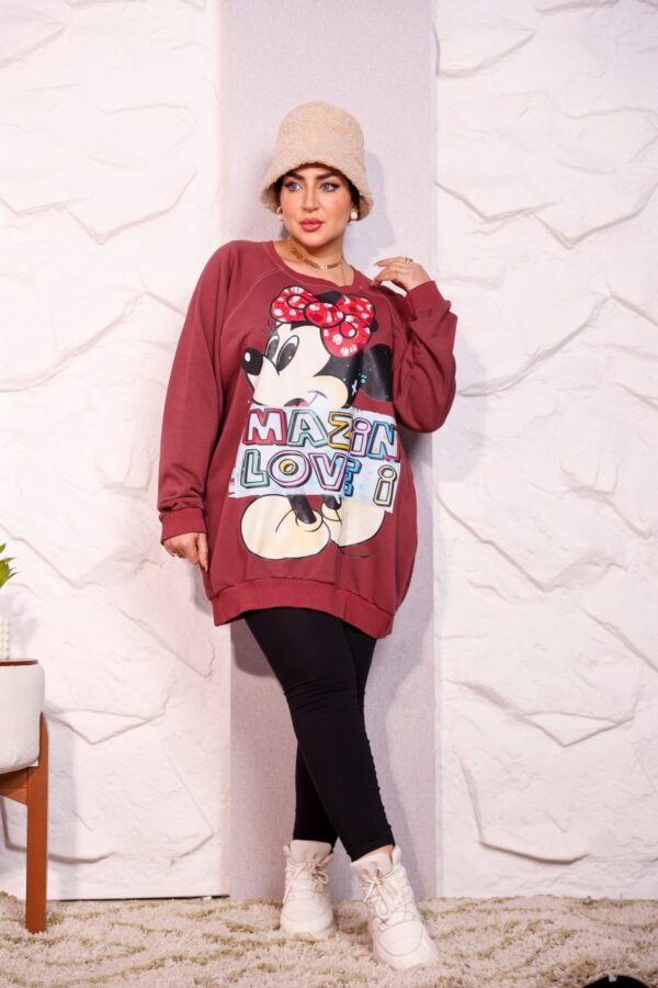 Burgundy Oversized Graphic Print Winter Sweatshirt Tunic with Cartoon Character Accent