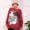 Burgundy Oversized Graphic Print Winter Sweatshirt Tunic with Cartoon Character Accent