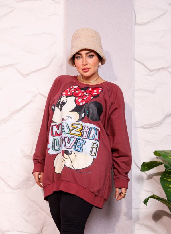 Burgundy Oversized Graphic Print Winter Sweatshirt Tunic with Cartoon Character Accent