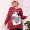 Burgundy Oversized Graphic Print Winter Sweatshirt Tunic with Cartoon Character Accent