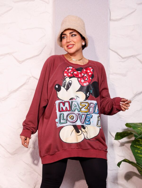 Burgundy Oversized Graphic Print Winter Sweatshirt Tunic with Cartoon Character Accent