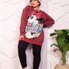 Burgundy Oversized Graphic Print Winter Sweatshirt Tunic with Cartoon Character Accent