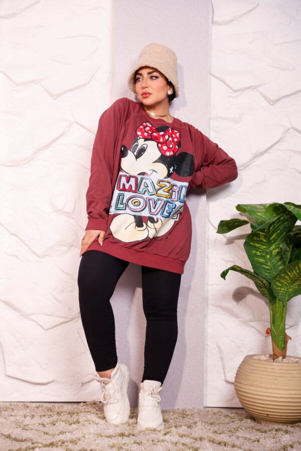 Burgundy Oversized Graphic Print Winter Sweatshirt Tunic with Cartoon Character Accent