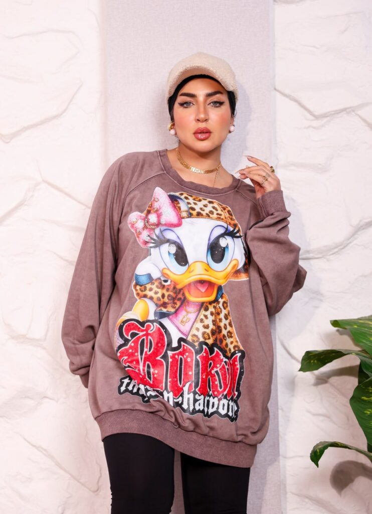 Muted Mocha Oversized Graphic Print Winter Sweatshirt Tunic with Character Accent