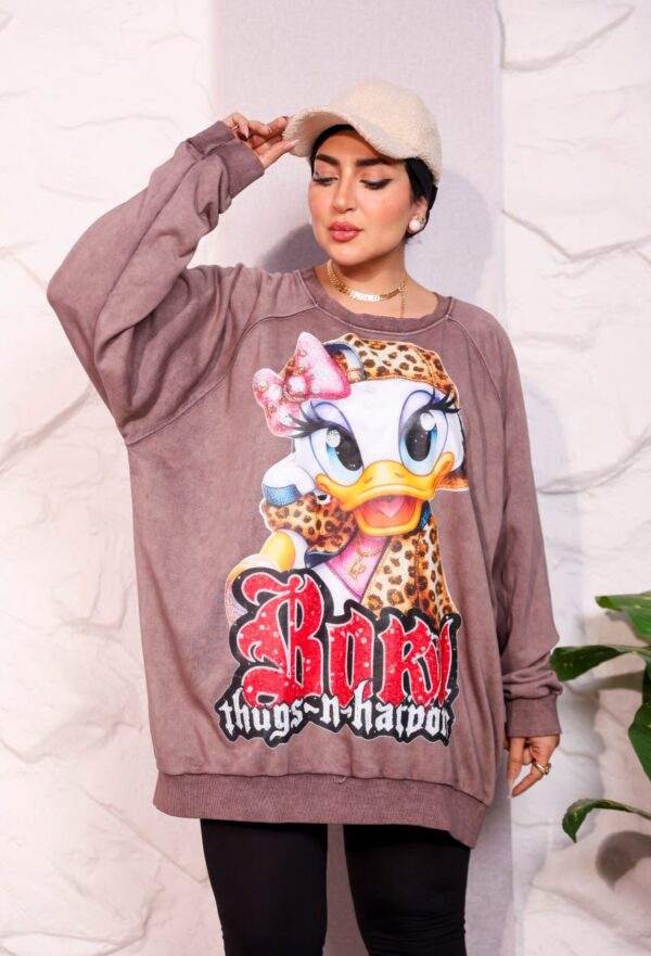 WhatsApp Image 2026-10-08 at 7.36.16 PM Muted Mocha Oversized Graphic Print Winter Sweatshirt Tunic with Character Accent