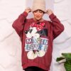Burgundy Oversized Graphic Print Winter Sweatshirt Tunic with Cartoon Character Accent