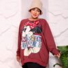 Burgundy Oversized Graphic Print Winter Sweatshirt Tunic with Cartoon Character Accent