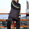 Black Longline Hooded Tracksuit Set with Neon Lime Green Side Stripes