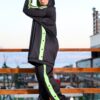 Black Longline Hooded Tracksuit Set with Neon Lime Green Side Stripes
