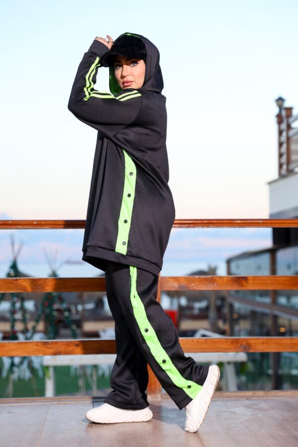 Black Longline Hooded Tracksuit Set with Neon Lime Green Side Stripes