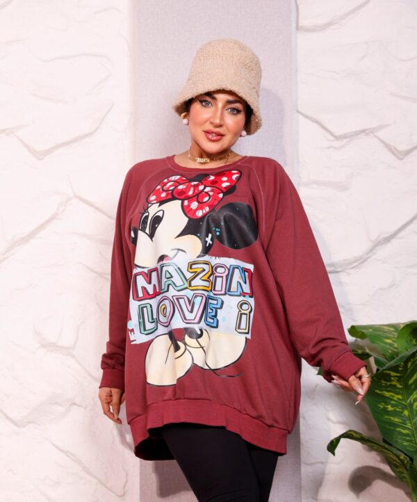 Burgundy Oversized Graphic Print Winter Sweatshirt Tunic with Cartoon Character Accent