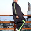 Black Longline Hooded Tracksuit Set with Neon Lime Green Side Stripes