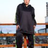 Black Longline Hooded Tracksuit Set with Neon Lime Green Side Stripes