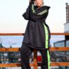 Black Longline Hooded Tracksuit Set with Neon Lime Green Side Stripes