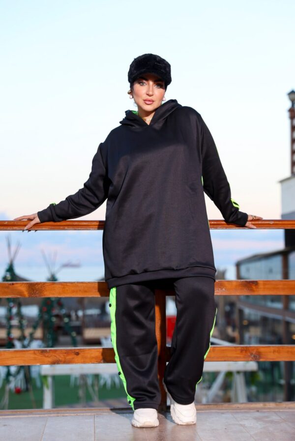 Black Longline Hooded Tracksuit Set with Neon Lime Green Side Stripes