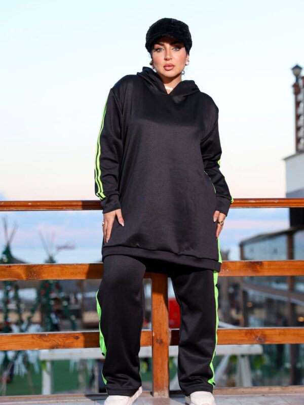 Black Longline Hooded Tracksuit Set with Neon Lime Green Side Stripes