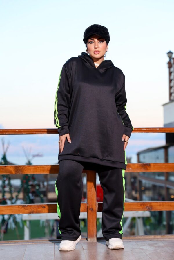 Black Longline Hooded Tracksuit Set with Neon Lime Green Side Stripes