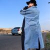 Black Quilted Long Winter Coat with Light Wash Denim Patchwork Accents