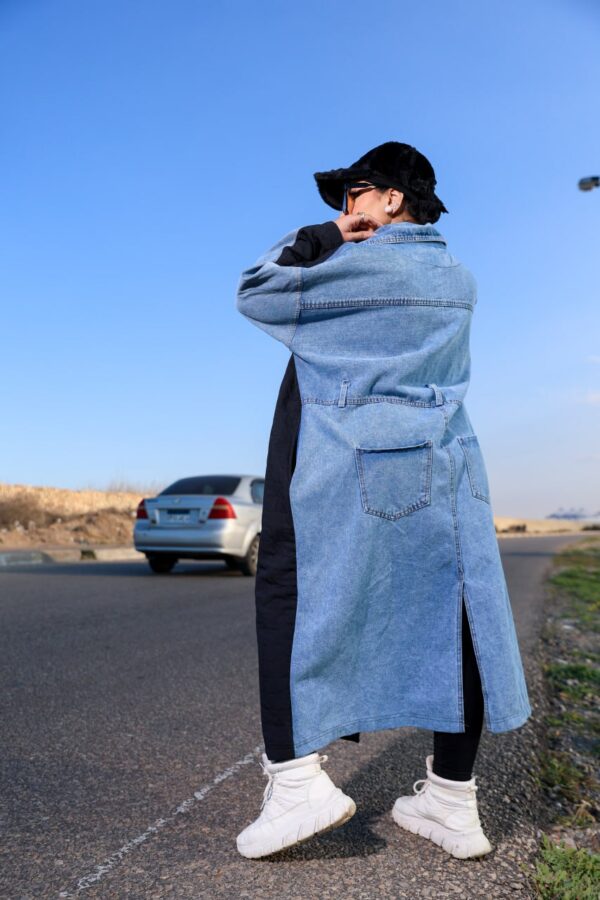 Black Quilted Long Winter Coat with Light Wash Denim Patchwork Accents