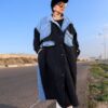 Black Quilted Long Winter Coat with Light Wash Denim Patchwork Accents