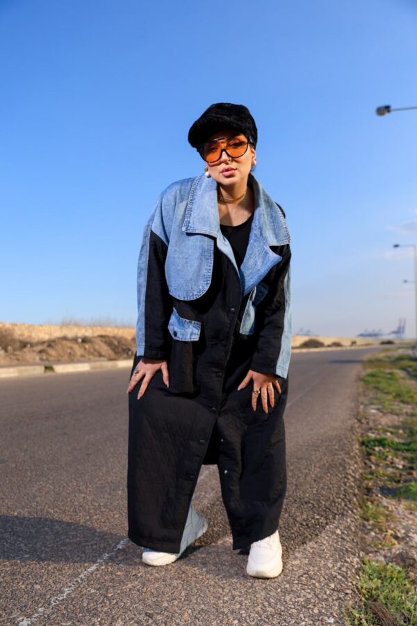 Black Quilted Long Winter Coat with Light Wash Denim Patchwork Accents
