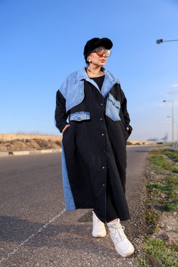 Black Quilted Long Winter Coat with Light Wash Denim Patchwork Accents