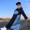 Black Quilted Long Winter Coat with Light Wash Denim Patchwork Accents