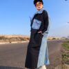 Black Quilted Long Winter Coat with Light Wash Denim Patchwork Accents