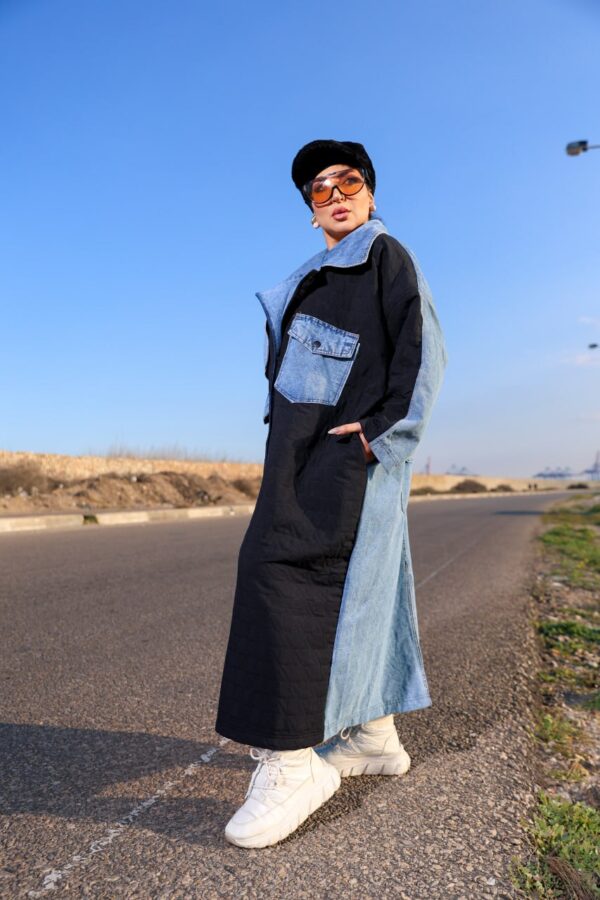 Black Quilted Long Winter Coat with Light Wash Denim Patchwork Accents