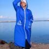Royal Blue Long Winter Hooded Coat with White Zip and Printed Pockets