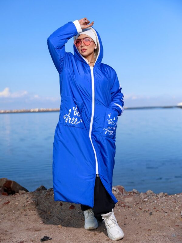 Royal Blue Long Winter Hooded Coat with White Zip and Printed Pockets