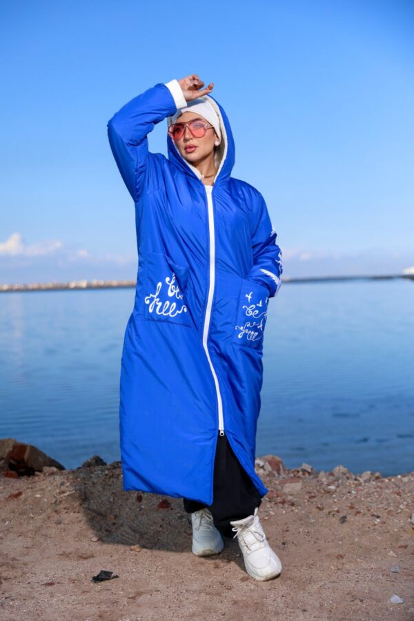 Royal Blue Long Winter Hooded Coat with White Zip and Printed Pockets