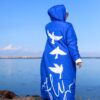 Royal Blue Long Winter Hooded Coat with White Zip and Printed Pockets