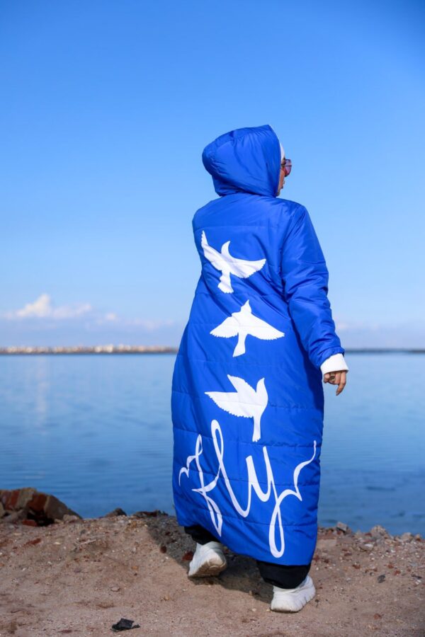 Royal Blue Long Winter Hooded Coat with White Zip and Printed Pockets