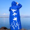 Royal Blue Long Winter Hooded Coat with White Zip and Printed Pockets