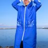 Royal Blue Long Winter Hooded Coat with White Zip and Printed Pockets