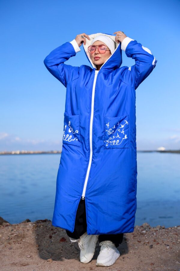 Royal Blue Long Winter Hooded Coat with White Zip and Printed Pockets