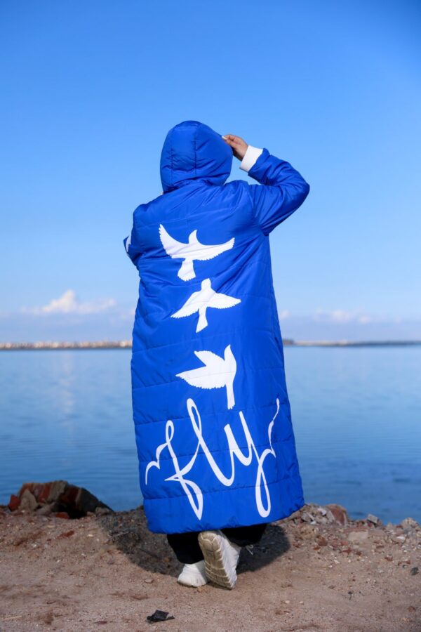 Royal Blue Long Winter Hooded Coat with White Zip and Printed Pockets