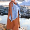Camel Brown Quilted Long Winter Coat with Denim Overlay and Hood