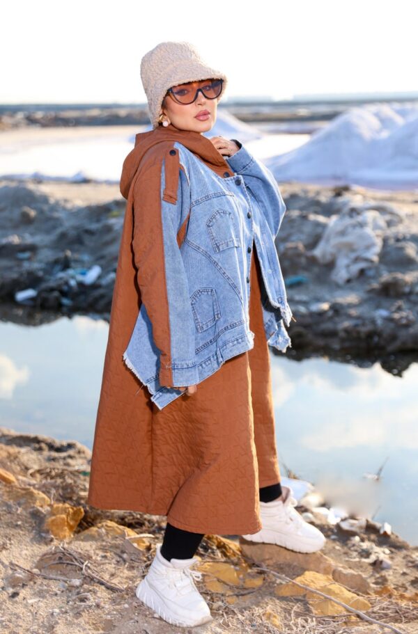 Camel Brown Quilted Long Winter Coat with Denim Overlay and Hood